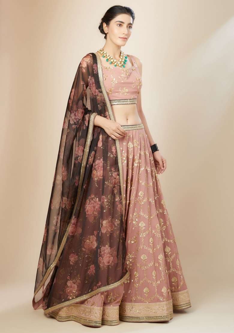 Pink Embroidered Georgette Lehenga Set for Diwali and Festive Wear - Indya