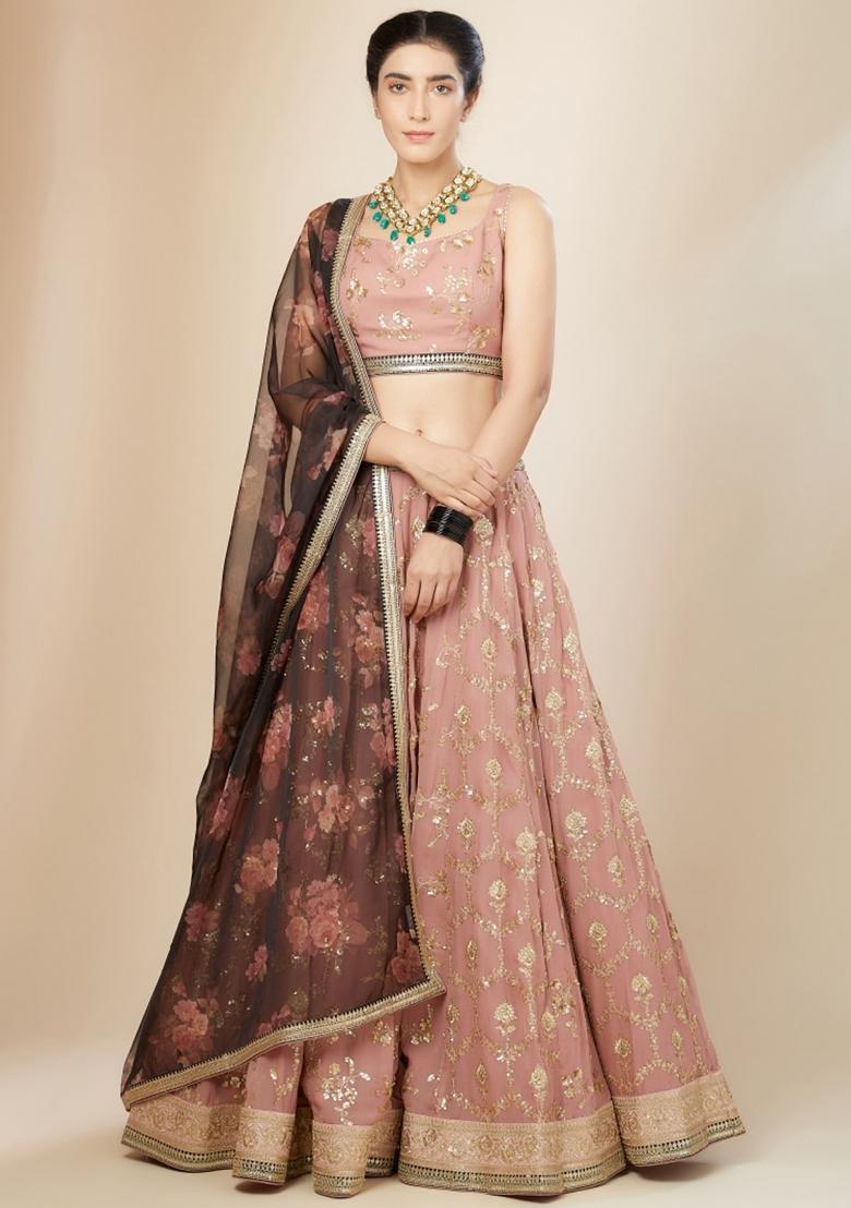 Pink Embroidered Georgette Lehenga Set - Indya