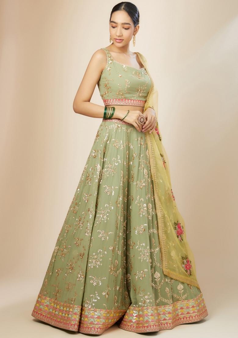 Light Green Embroidered Georgette Lehenga Set - Indya