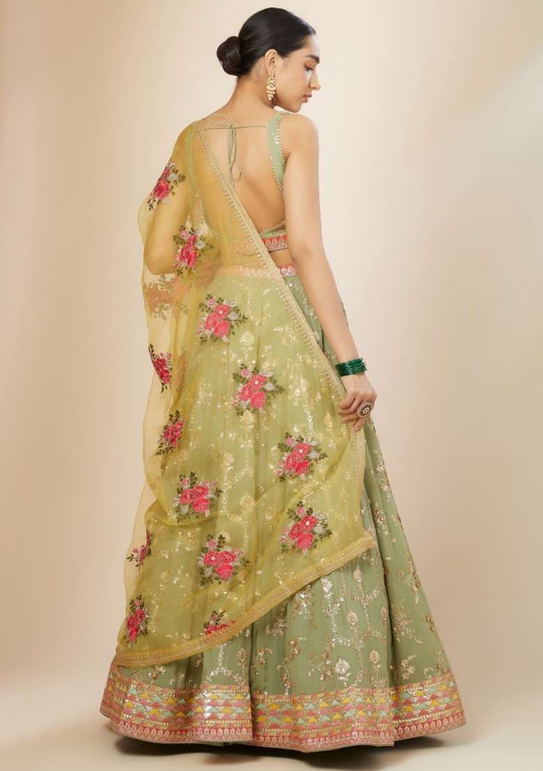 Light Green Georgette Lehenga Set with Embroidered for Diwali | Wedding & Festive Wear - Indya
