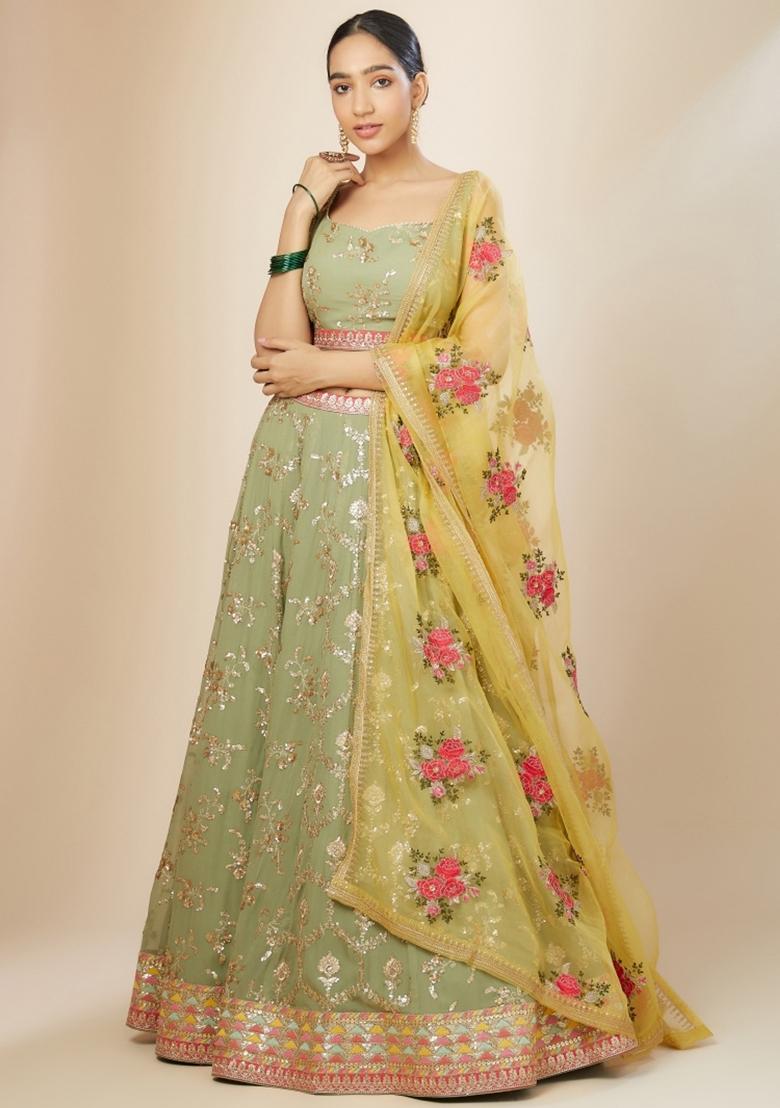 Light Green Embroidered Georgette Lehenga Set - Indya