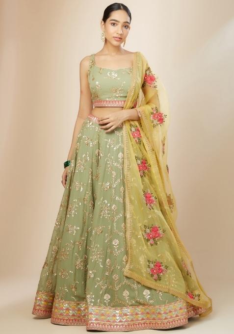 Light Green Embroidered Georgette Lehenga Set