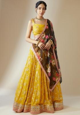 Yellow Embroidered Georgette Lehenga Set