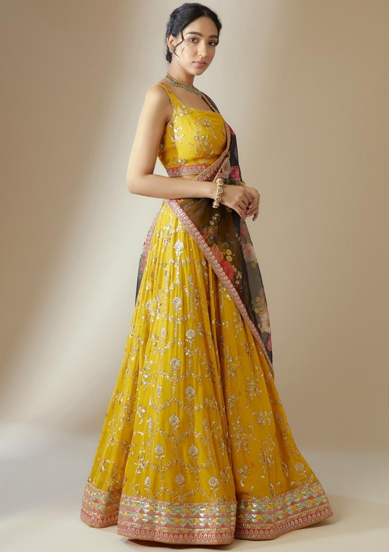 Yellow Embroidered Georgette Lehenga Set - Indya