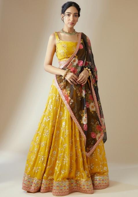 Yellow Embroidered Georgette Lehenga Set