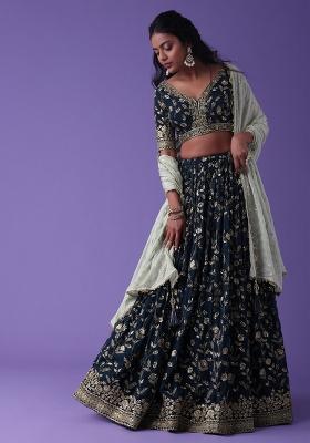 Blue Embroidered Georgette Lehenga Set