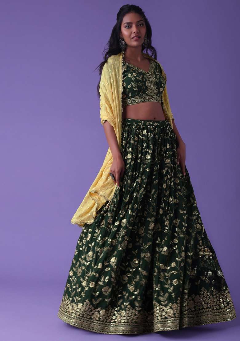 Green Georgette Lehenga Set with Embroidered for Diwali | Wedding & Festive Wear - Indya