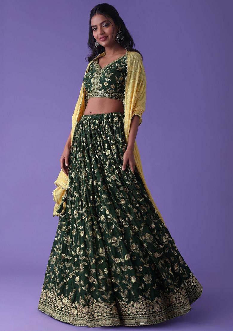 Green Embroidered Georgette Lehenga Set - Indya