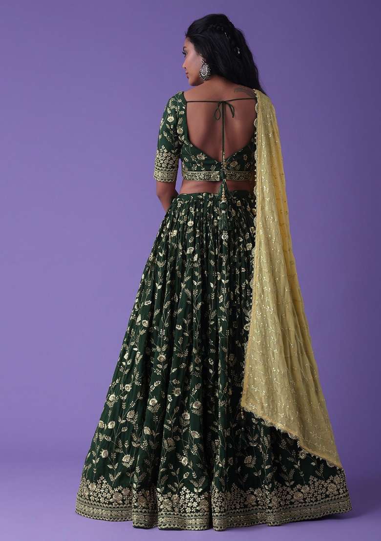 Green Georgette Lehenga Set with Embroidered for Diwali | Wedding & Festive Wear - Indya