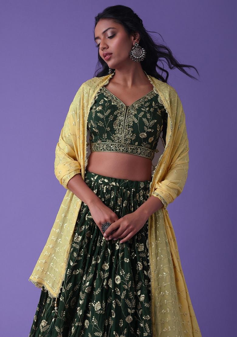 Green Embroidered Georgette Lehenga Set - Indya