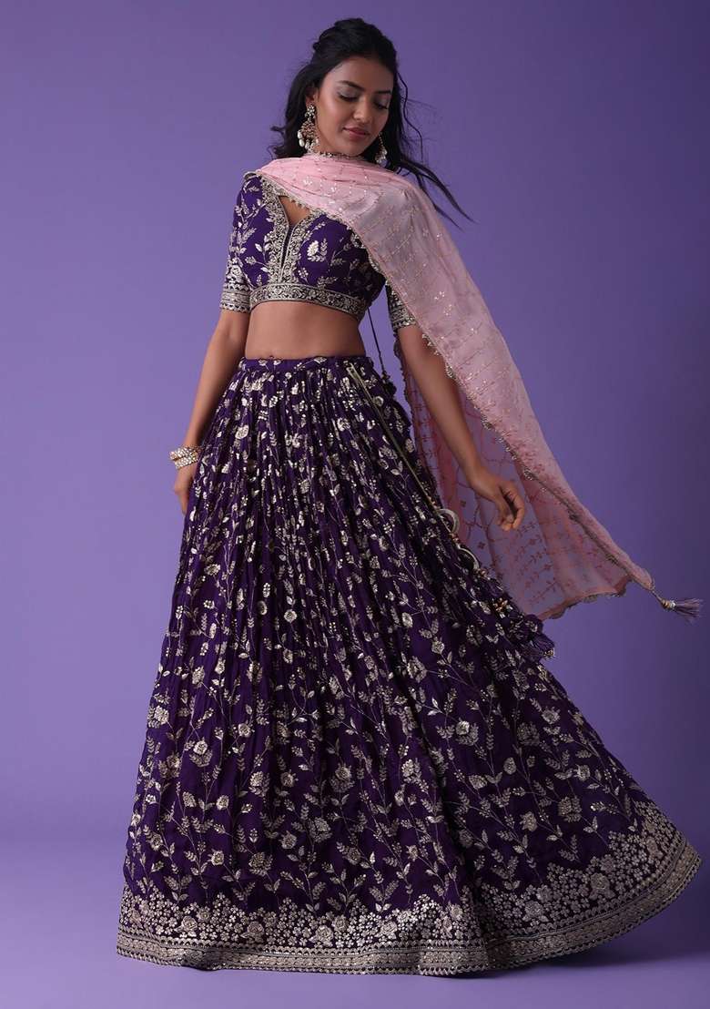 Purple Embroidered Georgette Lehenga Set for Diwali and Festive Wear - Indya