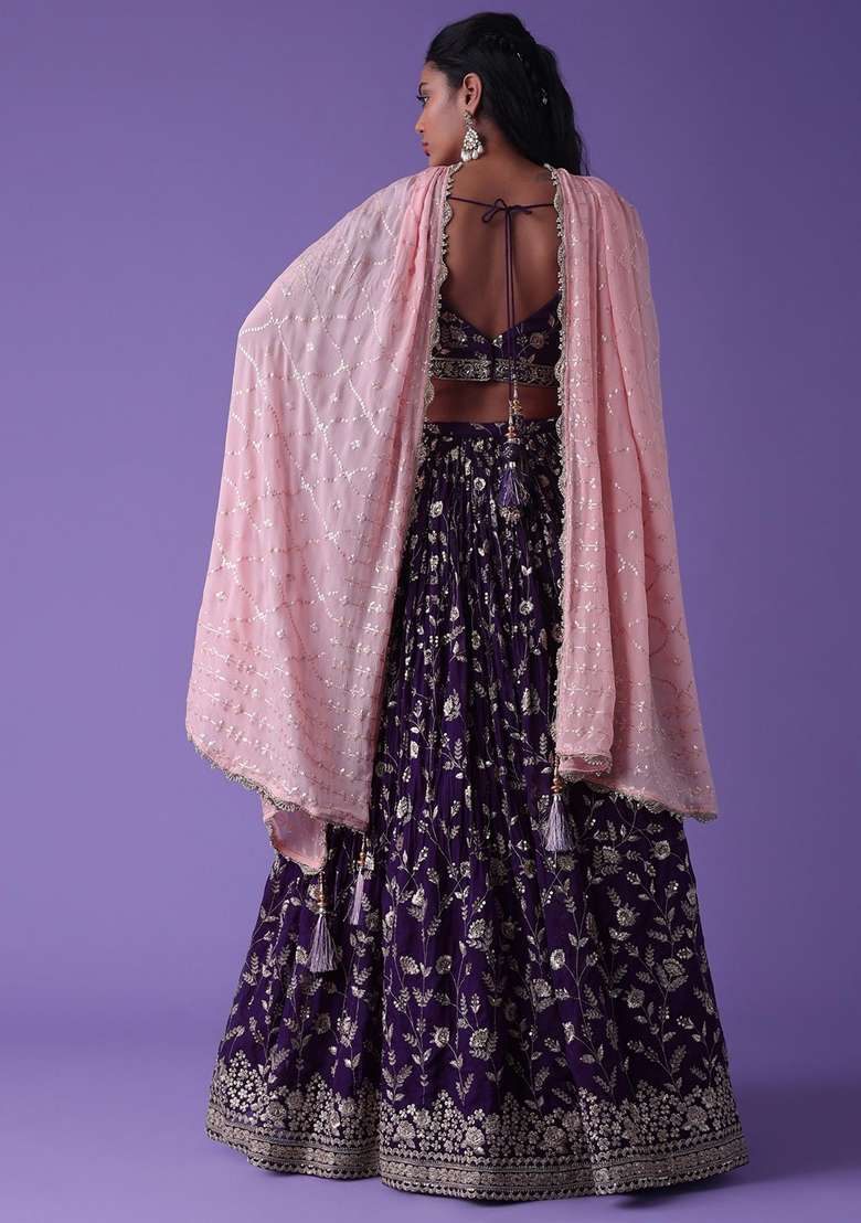 Purple Embroidered Georgette Lehenga Set for Diwali and Festive Wear - Indya