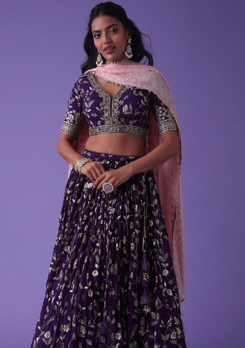 Purple Embroidered Georgette Lehenga Set - Indya