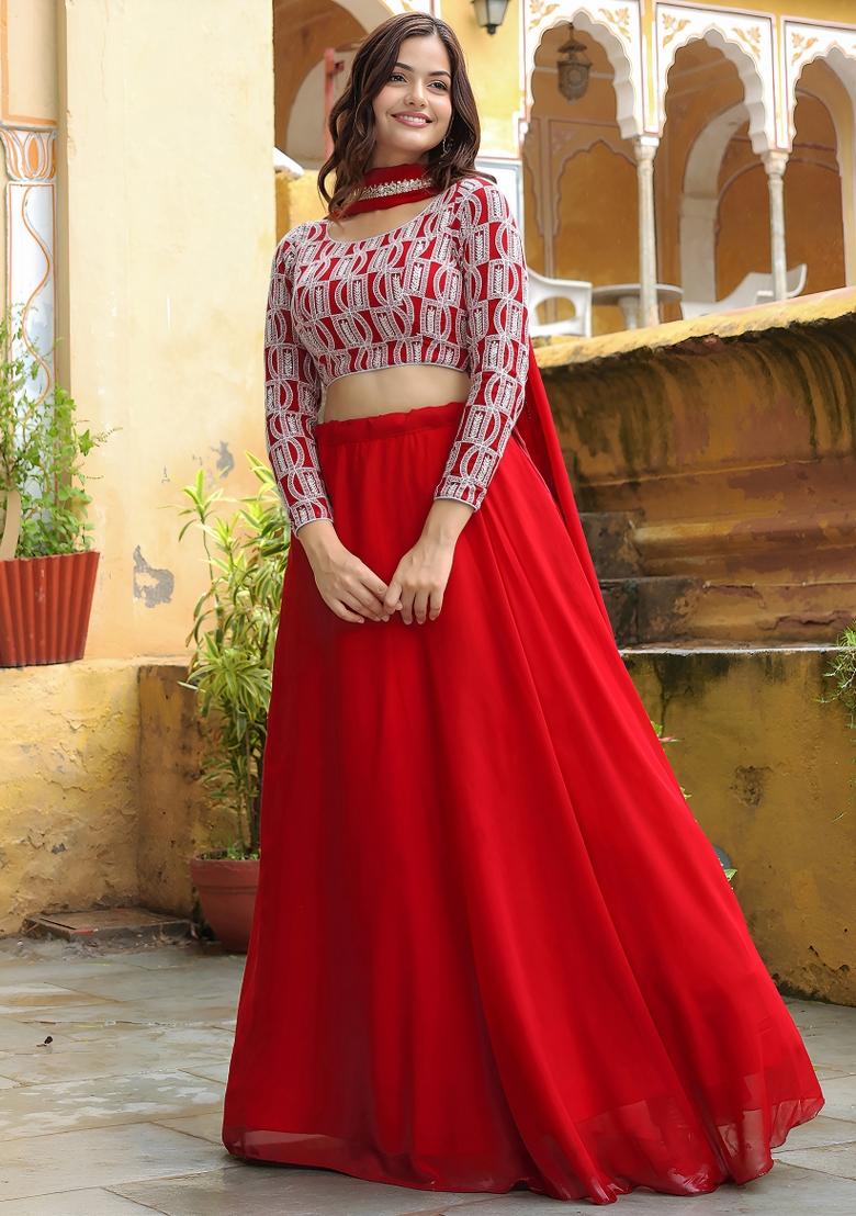 Red Embroidered Georgette Lehenga Set - Indya