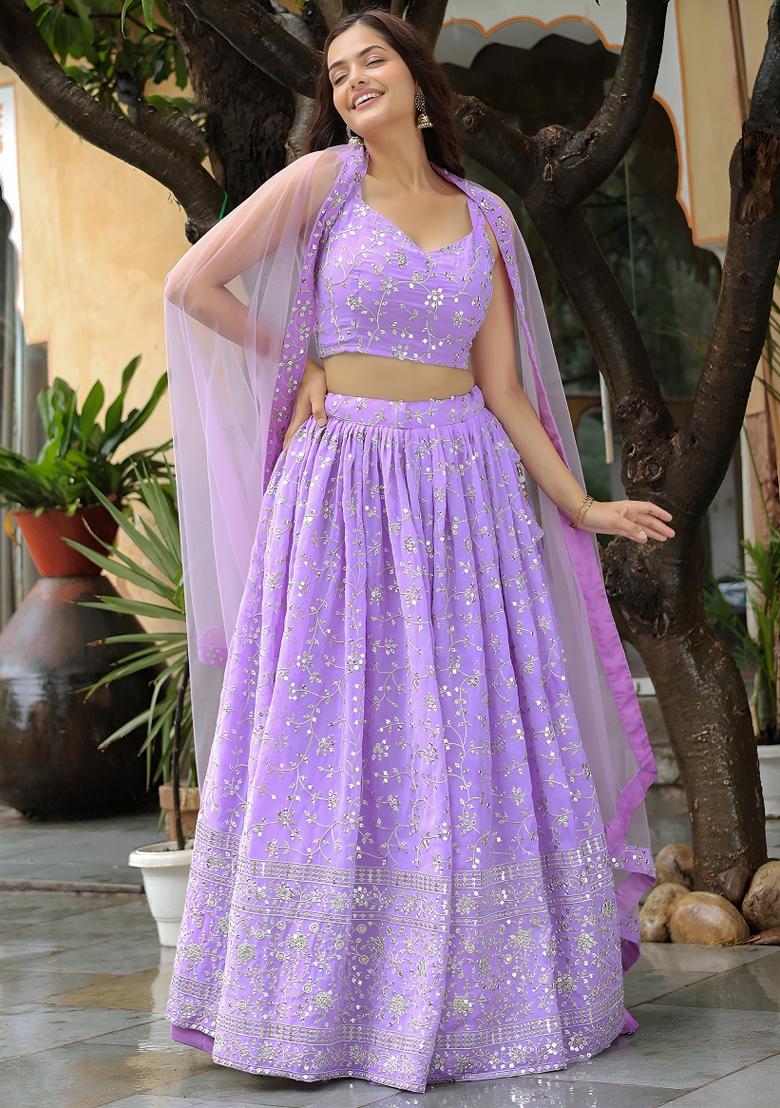 Lavender Embroidered Georgette Lehenga Set - Indya