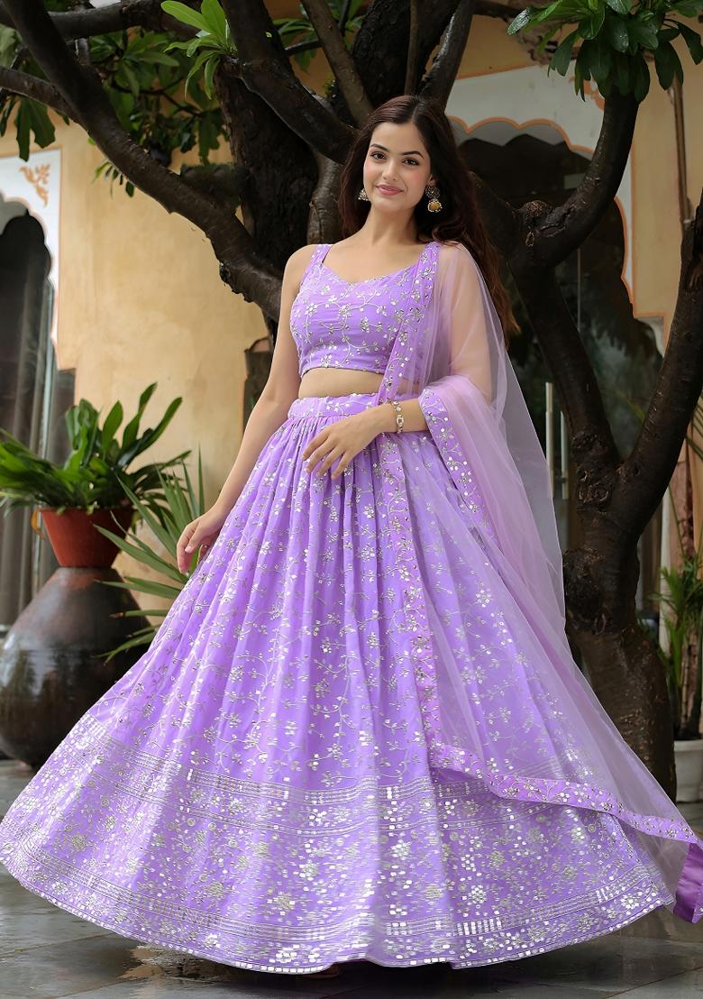 Lavender Embroidered Georgette Lehenga Set - Indya