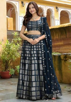 Blue Embroidered Net Lehenga Set