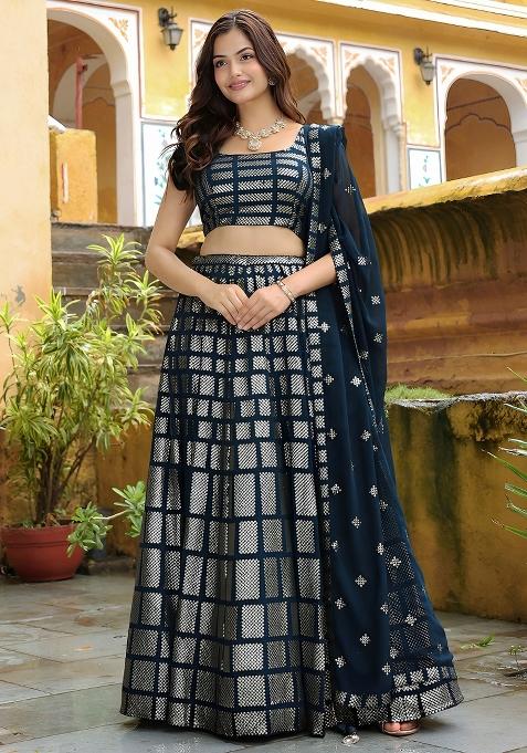 Blue Embroidered Net Lehenga Set