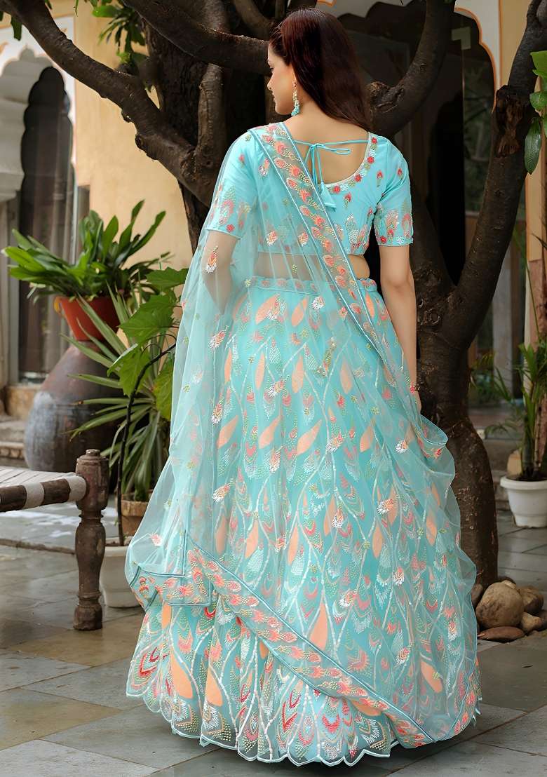 Sky Blue Embroidered Silk Lehenga Set for Diwali and Festive Wear - Indya