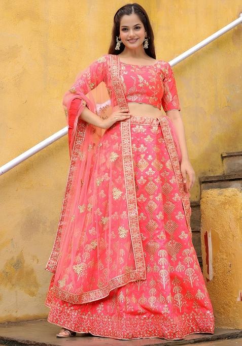 Peach Embroidered Net Lehenga Set