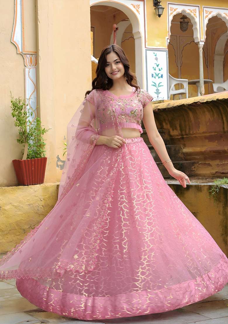 Pink Silk Lehenga Set with Embroidered for Diwali | Wedding & Festive Wear - Indya