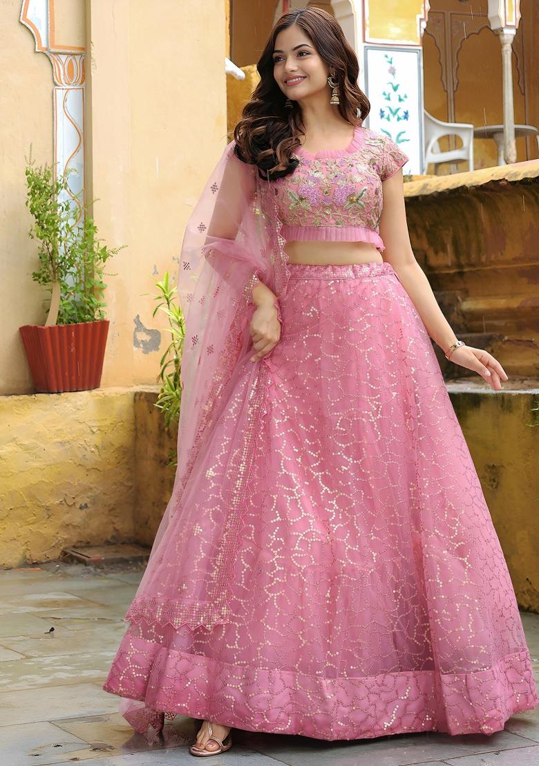 Pink Embroidered Silk Lehenga Set - Indya