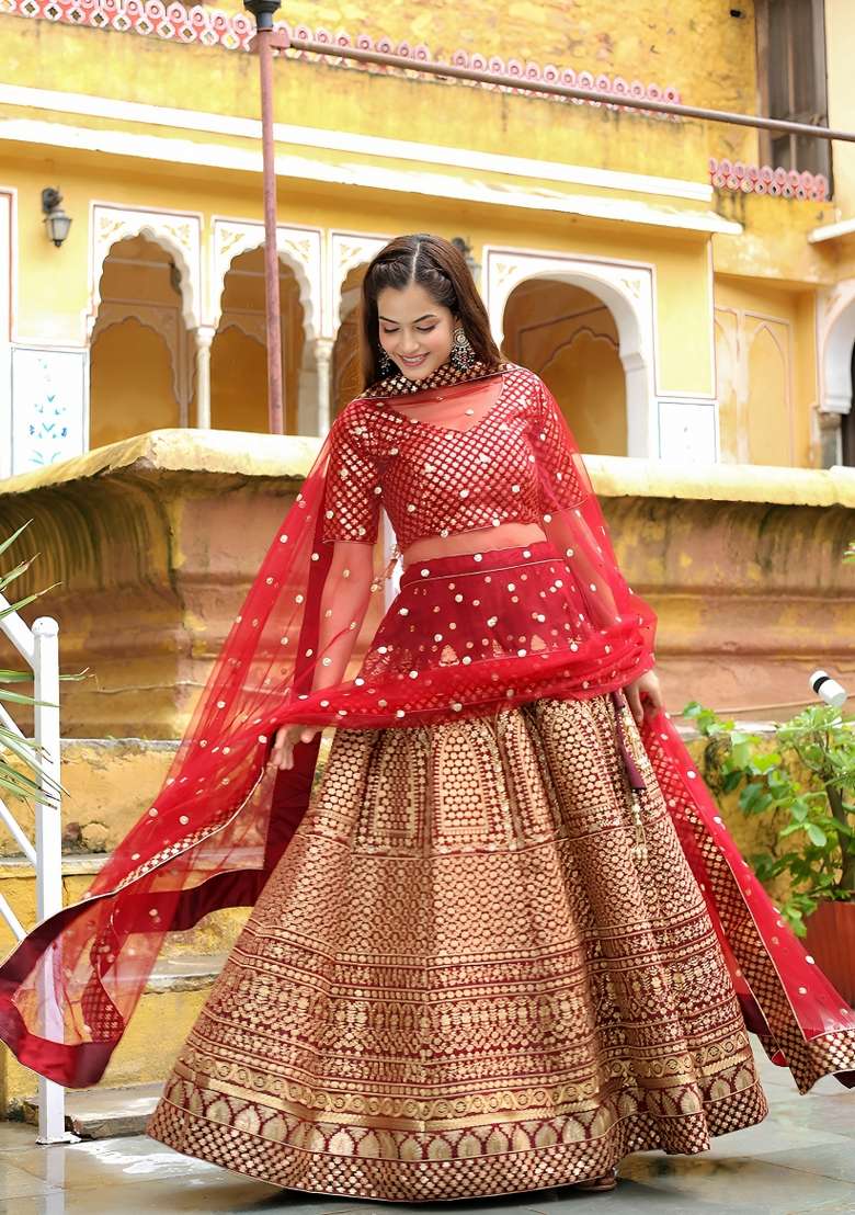 Maroon Silk Lehenga Set with Embroidered for Diwali | Wedding & Festive Wear - Indya