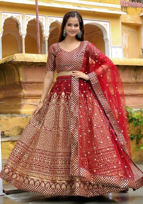 Maroon Embroidered Silk Lehenga Set