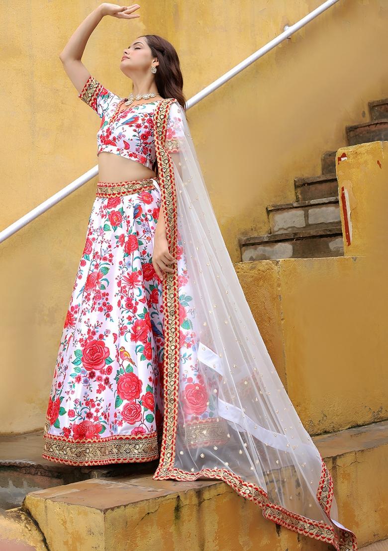 White Embroidered Silk Lehenga Set - Indya