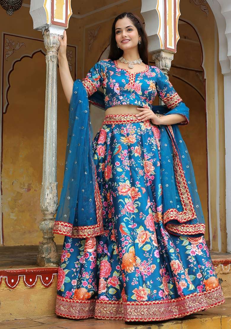 Blue Embroidered Silk Lehenga Set for Diwali and Festive Wear - Indya