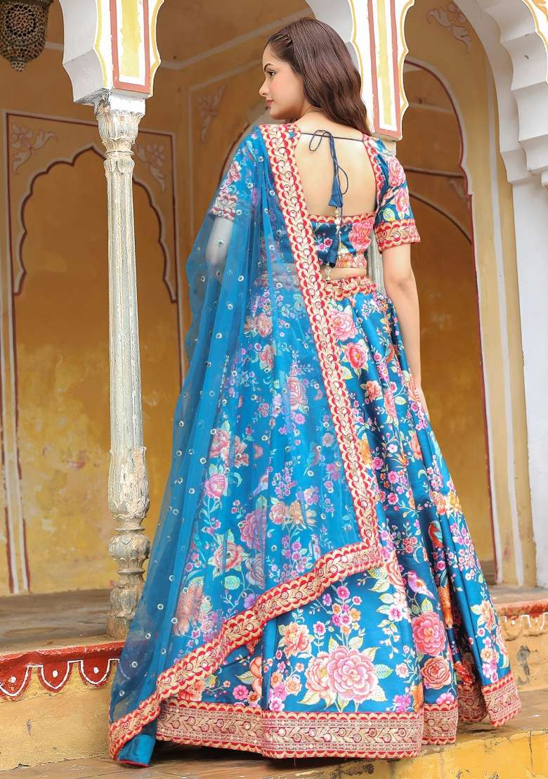 Blue Embroidered Silk Lehenga Set for Diwali and Festive Wear - Indya
