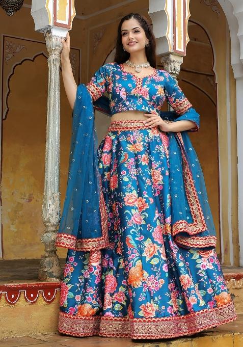 Blue Embroidered Silk Lehenga Set