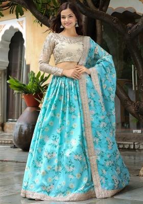 Sky Blue Embroidered Organza Lehenga Set