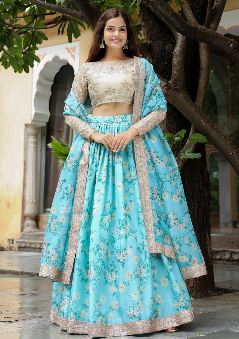 Sky Blue Embroidered Organza Lehenga Set - Indya
