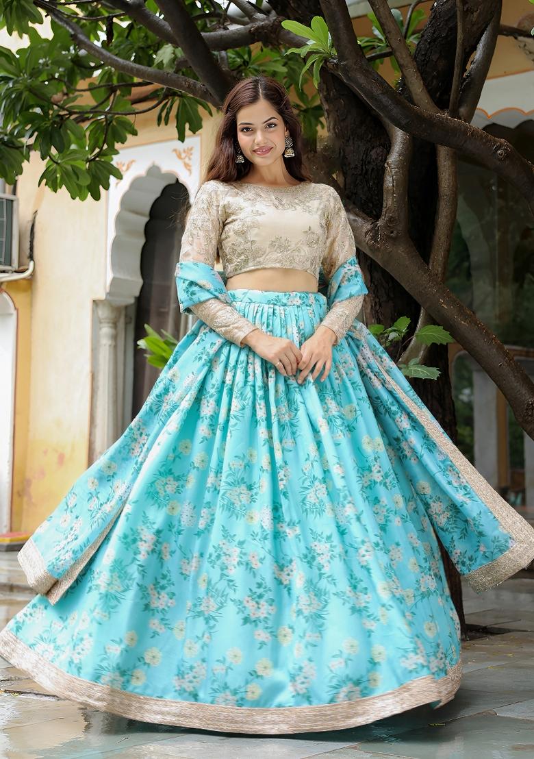 Sky Blue Embroidered Organza Lehenga Set - Indya