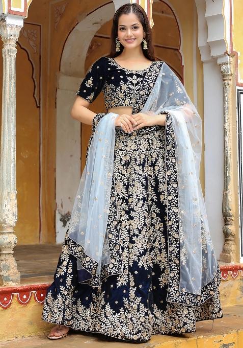 Blue Embroidered Velvet Lehenga Set