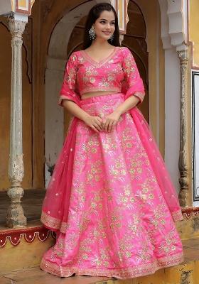 Pink Embroidered Silk Lehenga Set