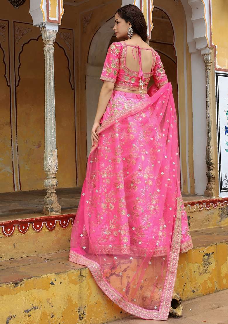 Pink Embroidered Silk Lehenga Set for Diwali and Festive Wear - Indya