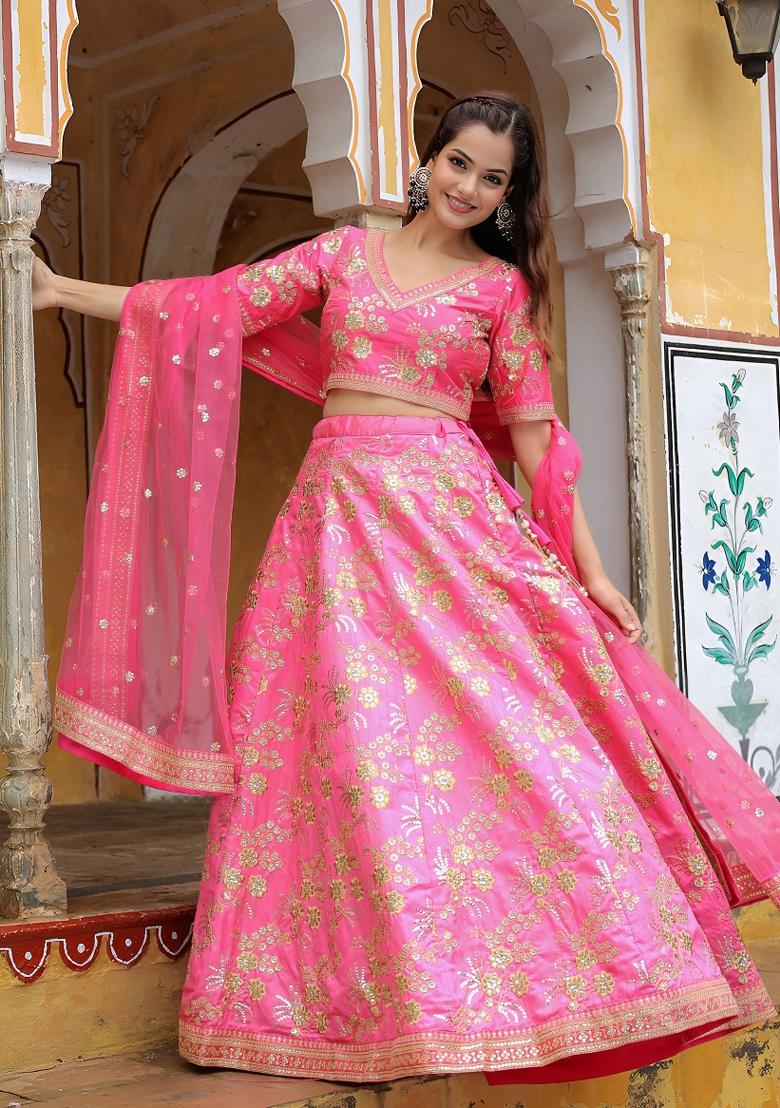 Pink Embroidered Silk Lehenga Set - Indya