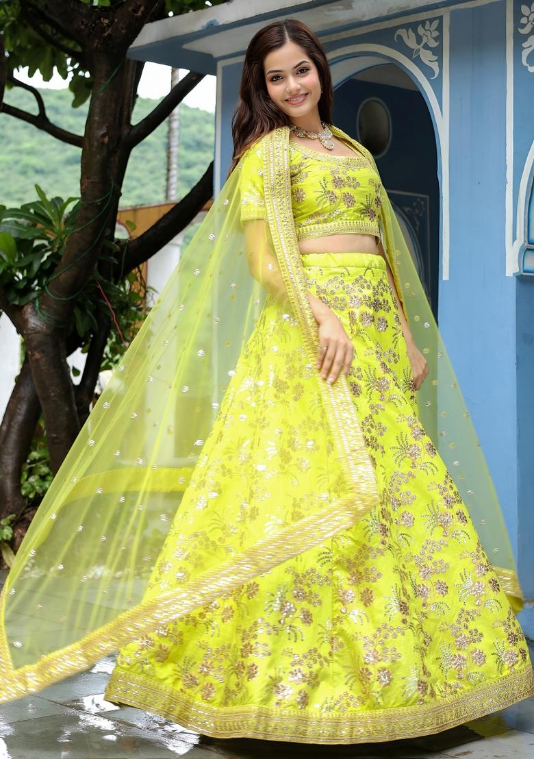 Parrot Green Embroidered Silk Lehenga Set - Indya