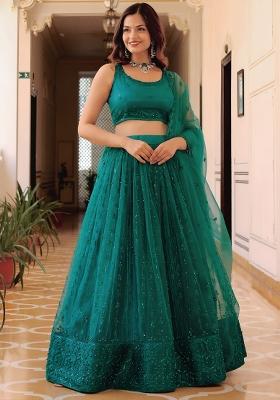 Teal Blue Embroidered Net Lehenga Set