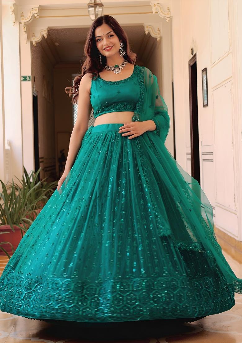 Teal Blue Embroidered Net Lehenga Set - Indya