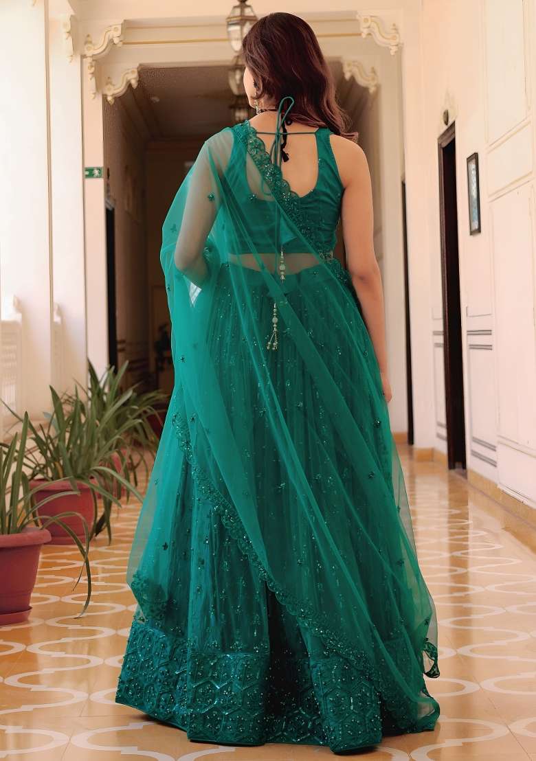 Teal Blue Embroidered Net Lehenga Set for Diwali and Festive Wear - Indya