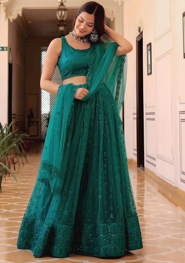 Teal Blue Embroidered Net Lehenga Set - Indya