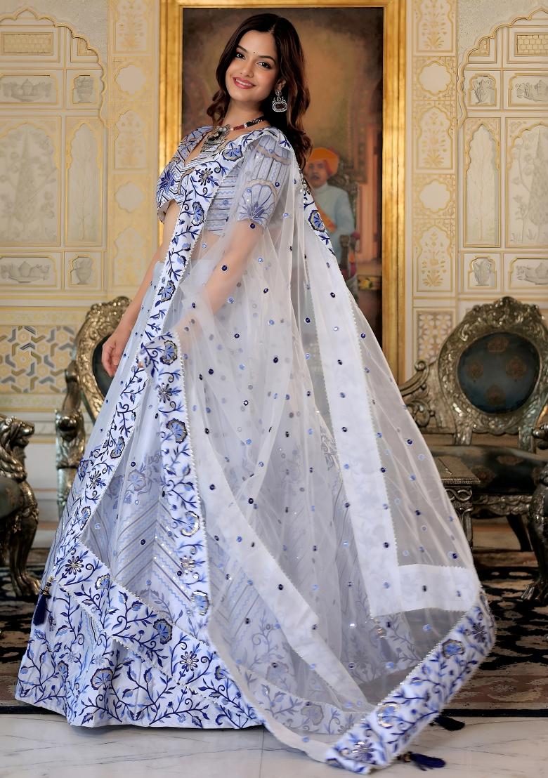 White Embroidered Satin Lehenga Set - Indya