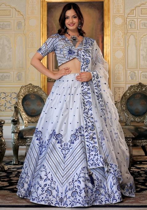 White Embroidered Satin Lehenga Set