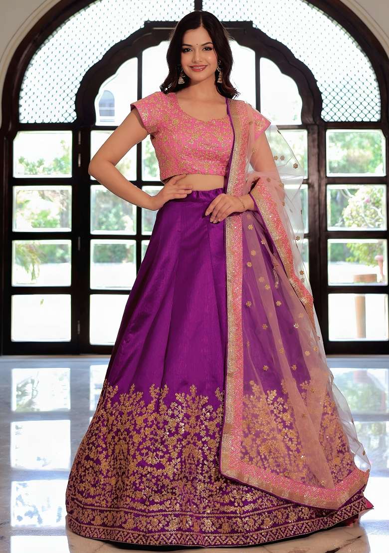 Purple Silk Lehenga Set with Embroidered for Diwali | Wedding & Festive Wear - Indya