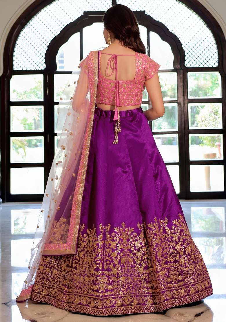 Purple Silk Lehenga Set with Embroidered for Diwali | Wedding & Festive Wear - Indya