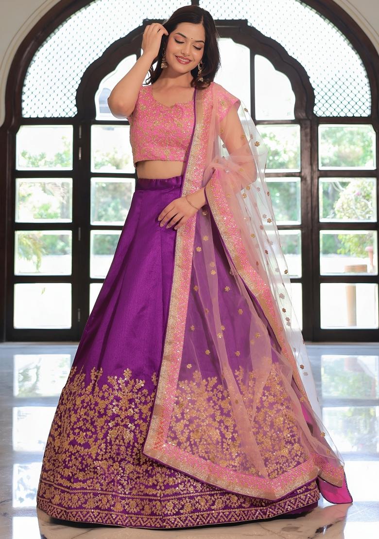 Purple Embroidered Silk Lehenga Set - Indya