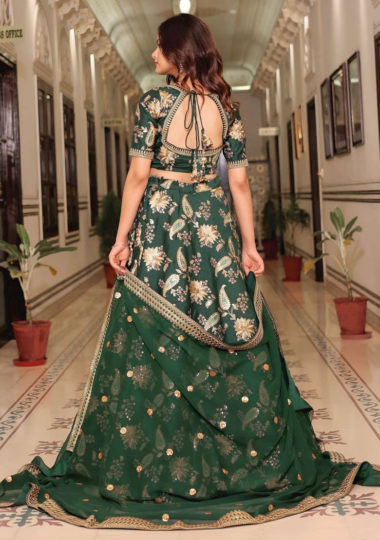 Green Embroidered Silk Lehenga Set - Indya